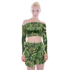 Green Tropical Leaves Off Shoulder Top With Mini Skirt Set by goljakoff