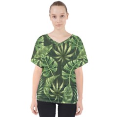 Green Tropical Leaves V-neck Dolman Drape Top by goljakoff