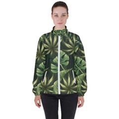 Green Tropical Leaves Women s High Neck Windbreaker by goljakoff