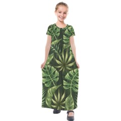 Green Tropical Leaves Kids  Short Sleeve Maxi Dress by goljakoff