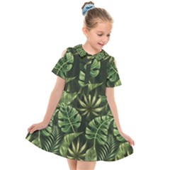 Green Tropical Leaves Kids  Short Sleeve Shirt Dress by goljakoff