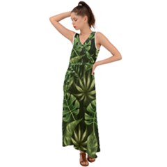 Green Tropical Leaves V-neck Chiffon Maxi Dress by goljakoff