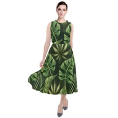 Green Tropical Leaves Round Neck Boho Dress by goljakoff