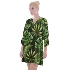 Green Tropical Leaves Open Neck Shift Dress by goljakoff