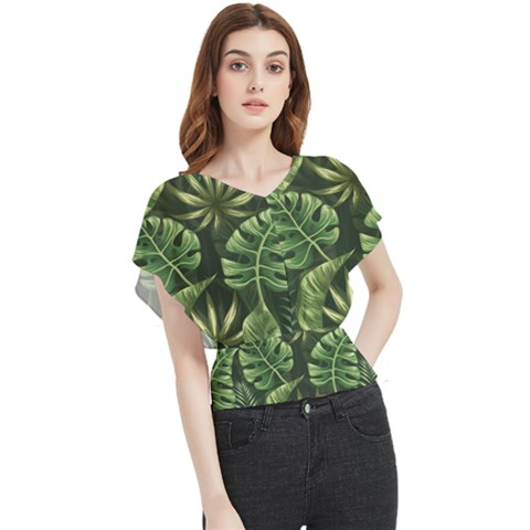 Green Tropical Leaves Butterfly Chiffon Blouse by goljakoff