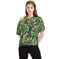 Green Tropical Leaves One Shoulder Cut Out Tee by goljakoff