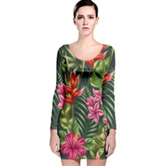 Tropic Flowers Long Sleeve Velvet Bodycon Dress by goljakoff