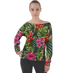 Tropic Flowers Off Shoulder Long Sleeve Velour Top by goljakoff