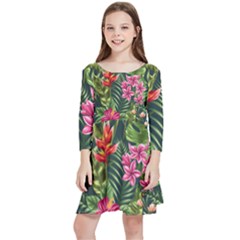 Tropic Flowers Kids  Quarter Sleeve Skater Dress by goljakoff