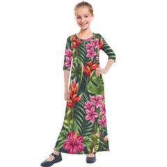 Tropic Flowers Kids  Quarter Sleeve Maxi Dress by goljakoff