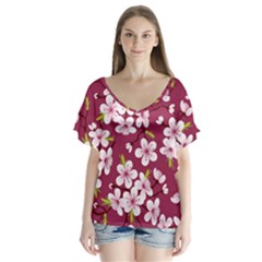 Cherry Blossom V-neck Flutter Sleeve Top by goljakoff