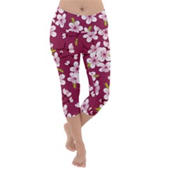 Cherry Blossom Lightweight Velour Capri Yoga Leggings by goljakoff