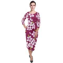 Cherry Blossom Quarter Sleeve Midi Velour Bodycon Dress by goljakoff