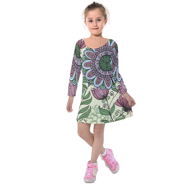 Mandala flower Kids  Long Sleeve Velvet Dress