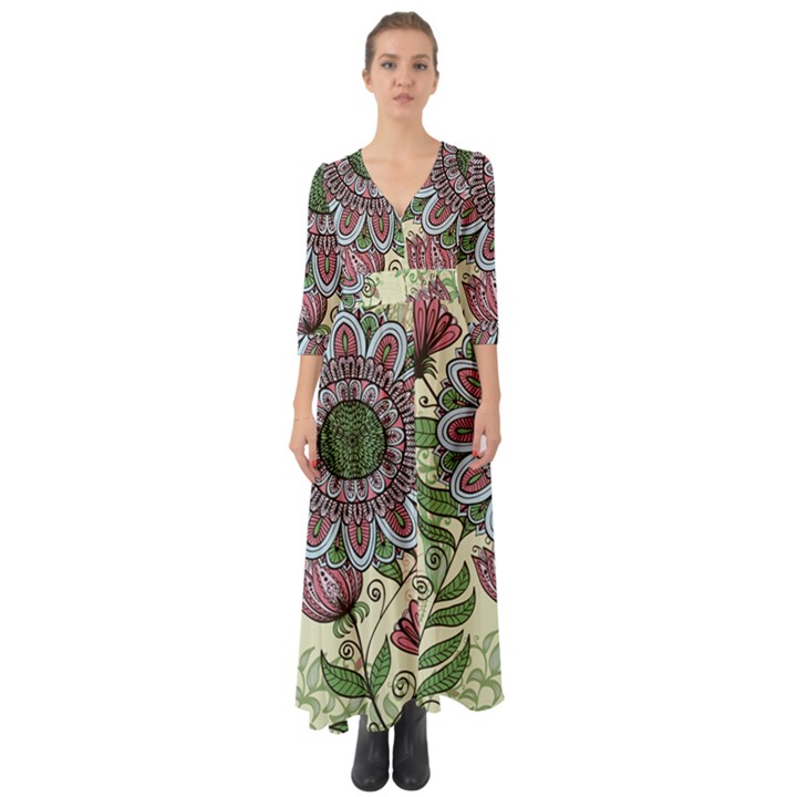 Mandala flower Button Up Boho Maxi Dress