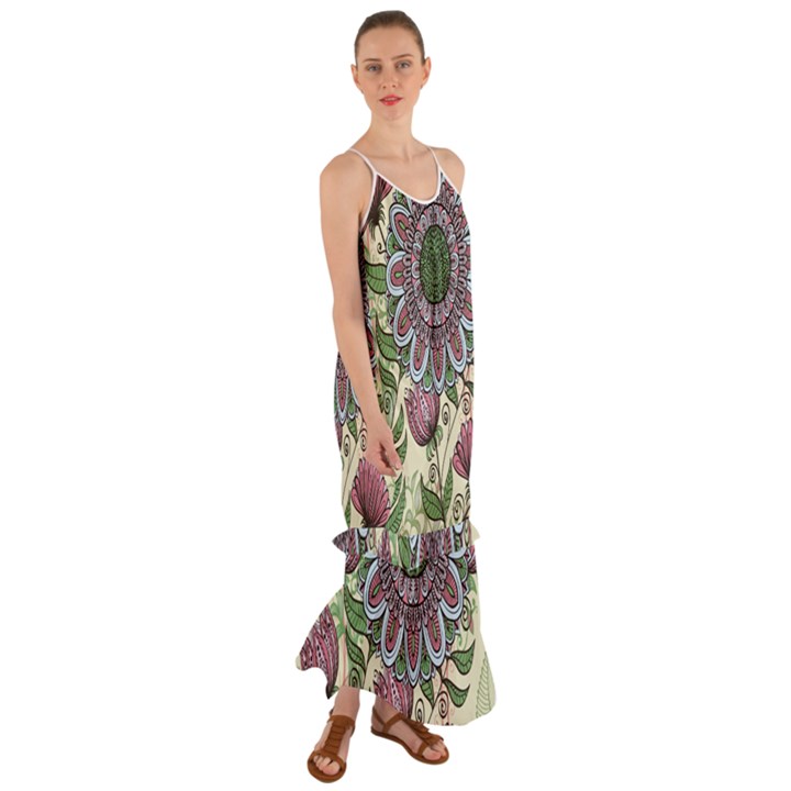 Mandala flower Cami Maxi Ruffle Chiffon Dress