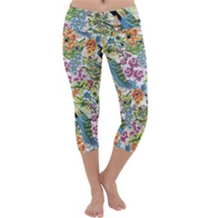 Flowers And Peacock Capri Yoga Leggings by goljakoff