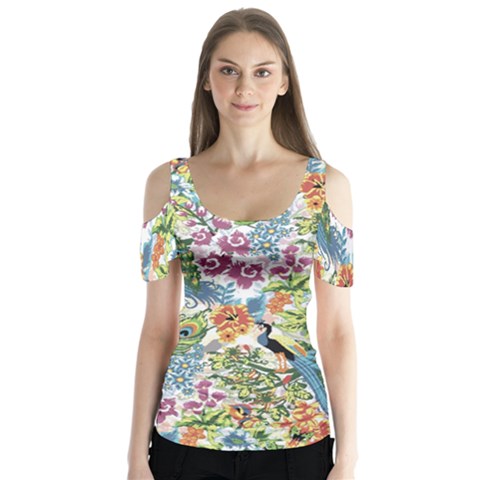 Flowers And Peacock Butterfly Sleeve Cutout Tee  by goljakoff