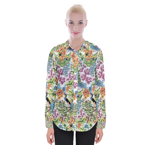 Flowers And Peacock Womens Long Sleeve Shirt by goljakoff