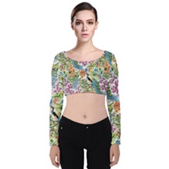 Flowers And Peacock Velvet Long Sleeve Crop Top by goljakoff