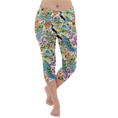 Flowers And Peacock Lightweight Velour Capri Yoga Leggings by goljakoff