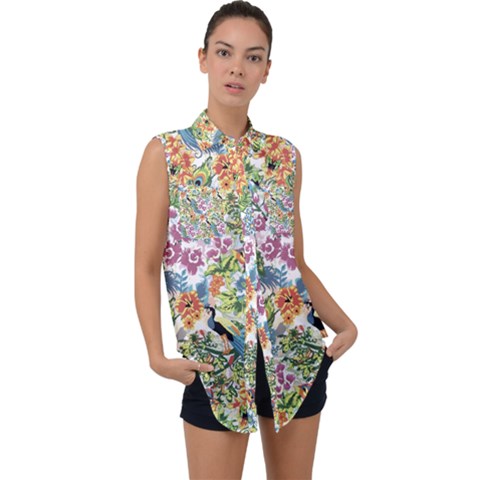 Flowers And Peacock Sleeveless Chiffon Button Shirt by goljakoff