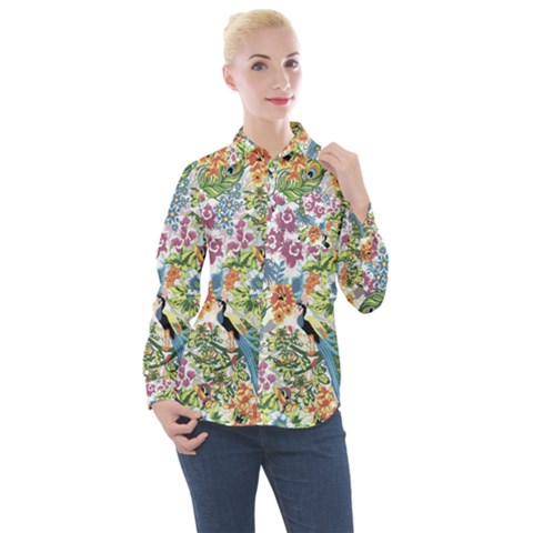 Flowers And Peacock Women s Long Sleeve Pocket Shirt by goljakoff