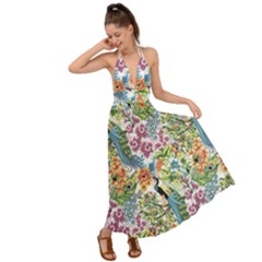 Flowers And Peacock Backless Maxi Beach Dress by goljakoff