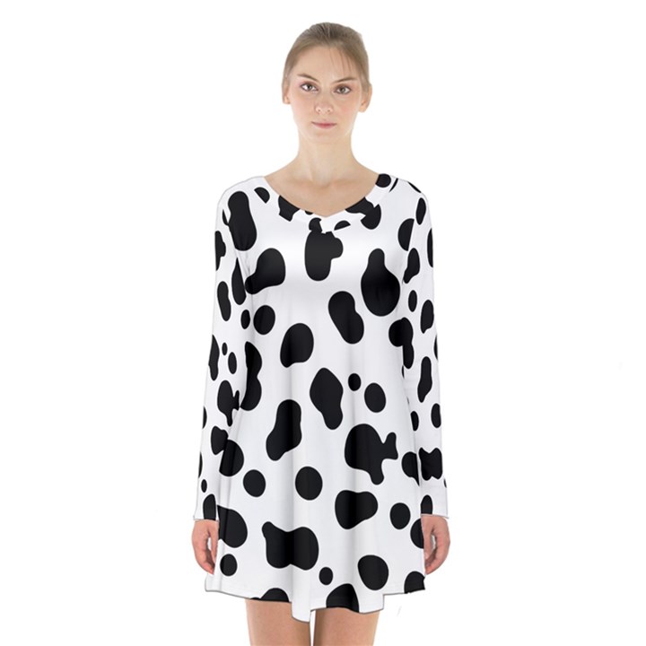 Spots Long Sleeve Velvet V-neck Dress