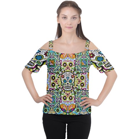 Sugar Skulls Pattern Cutout Shoulder Tee by ExtraGoodSauce