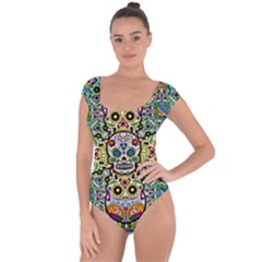 Sugar Skulls Pattern Short Sleeve Leotard  by ExtraGoodSauce