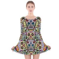 Sugar Skulls Pattern Long Sleeve Velvet Skater Dress by ExtraGoodSauce