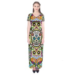 Sugar Skulls Pattern Short Sleeve Maxi Dress by ExtraGoodSauce