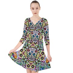 Sugar Skulls Pattern Quarter Sleeve Front Wrap Dress by ExtraGoodSauce