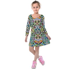 Sugar Skulls Pattern Kids  Long Sleeve Velvet Dress by ExtraGoodSauce