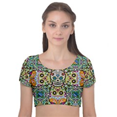 Sugar Skulls Pattern Velvet Short Sleeve Crop Top  by ExtraGoodSauce