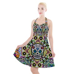 Sugar Skulls Pattern Halter Party Swing Dress  by ExtraGoodSauce