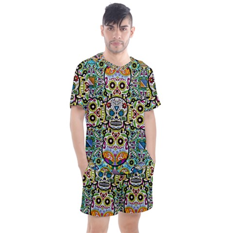 Sugar Skulls Pattern Men s Mesh Tee And Shorts Set by ExtraGoodSauce