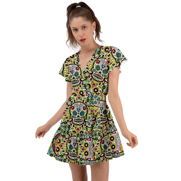 Sugar Skulls Pattern Flutter Sleeve Wrap Dress