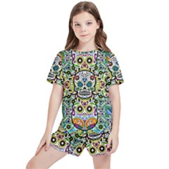 Sugar Skulls Pattern Kids  Tee And Sports Shorts Set by ExtraAwesomeSauce