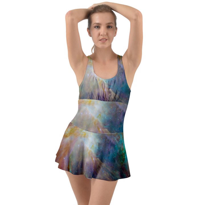 Colorful Galaxy Ruffle Top Dress Swimsuit