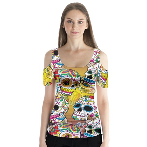 Sugar Skulls Butterfly Sleeve Cutout Tee  by ExtraGoodSauce