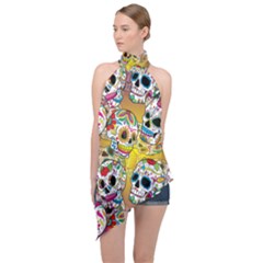 Sugar Skulls Halter Asymmetric Satin Top by ExtraGoodSauce