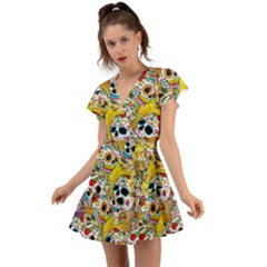 Sugar Skulls Flutter Sleeve Wrap Dress by ExtraGoodSauce