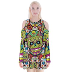 Sugar Skulls Velvet Long Sleeve Shoulder Cutout Dress by ExtraAwesomeSauce