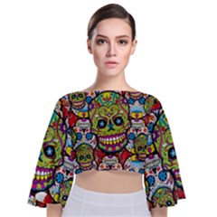 Sugar Skulls Tie Back Butterfly Sleeve Chiffon Top by ExtraGoodSauce