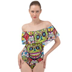 Sugar Skulls Off Shoulder Velour Bodysuit  by ExtraGoodSauce