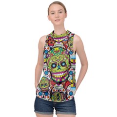 Sugar Skulls High Neck Satin Top by ExtraGoodSauce