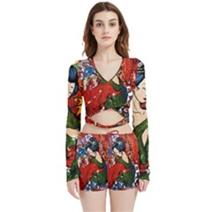 Geisha Geisha Velvet Wrap Crop Top And Shorts Set