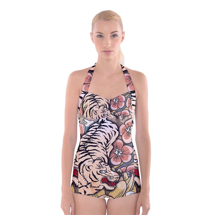 White Tiger Boyleg Halter Swimsuit 